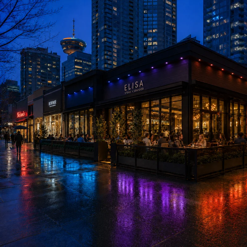 Downtown Vancouver restaurant with colourful permanent LED roofline lighting installed by Vancouver Glow