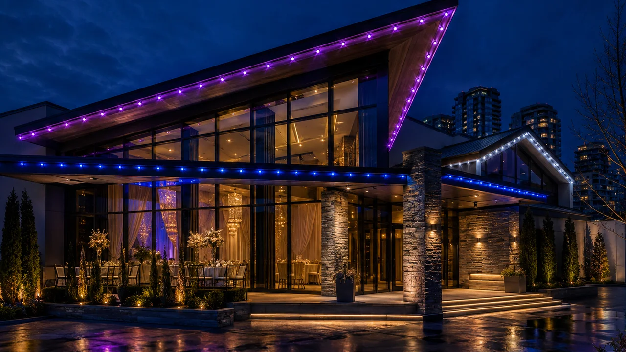 Vancouver event venue with purple and blue permanent LED roofline lighting installed by Vancouver Glow