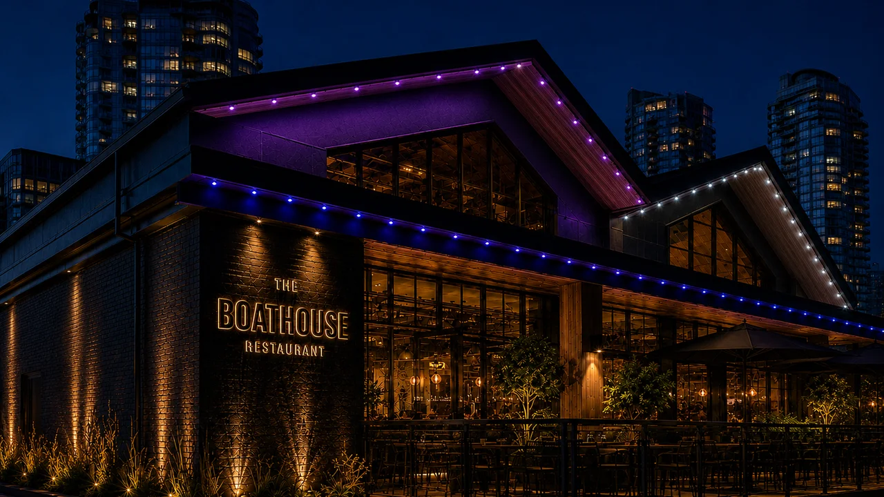 Vancouver Boathouse Restaurant with purple and blue permanent LED roofline lighting installed by Vancouver Glow