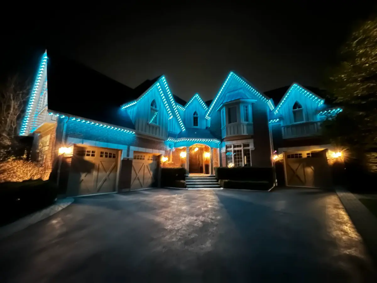 Vancouver home with blue smart LED lighting on roofline and soffits